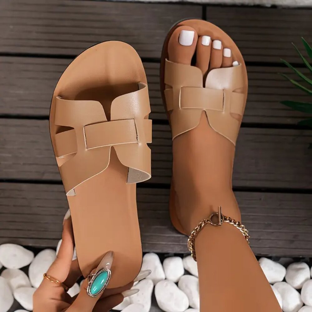 Women's camel - tan strap sandal slides